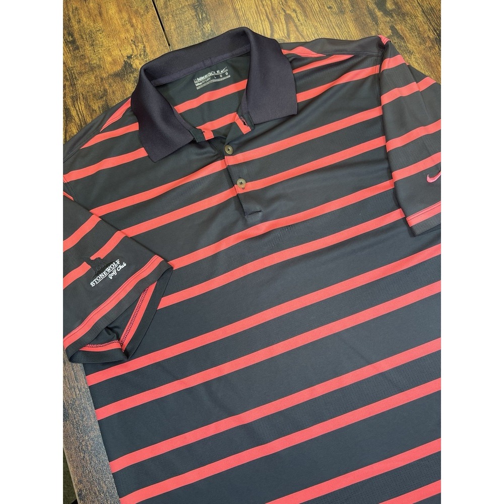 Nike Golf fit Dry Men's Polo Red Black Striped Large Stone Wolf Golf Club